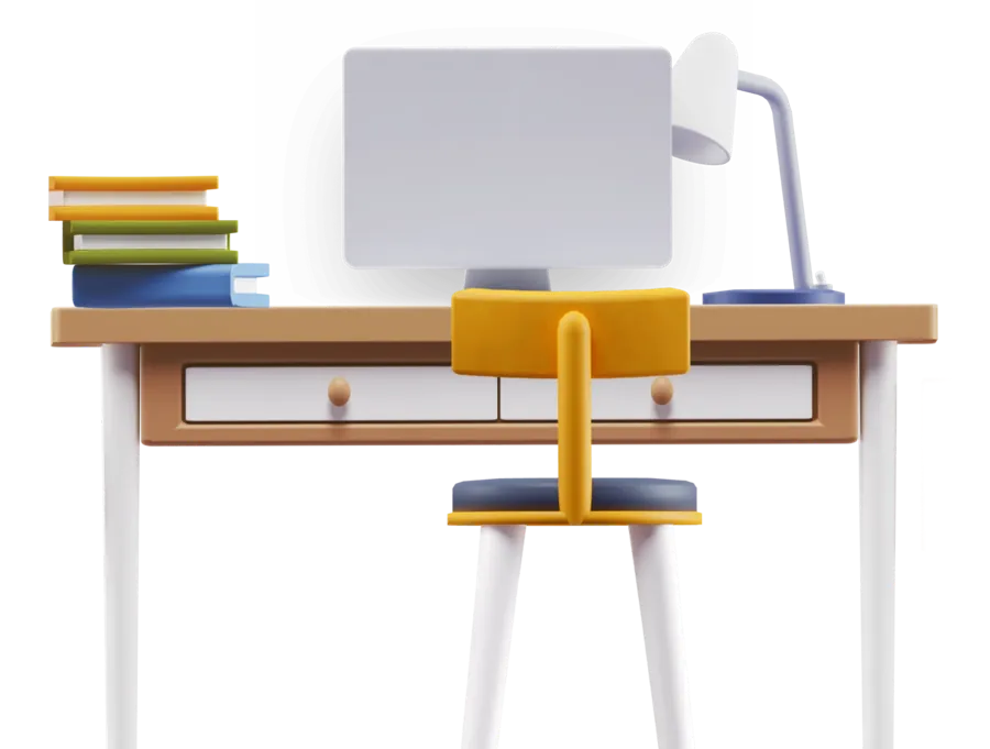 Illustration of a calm desk with a lamp and a stack of books