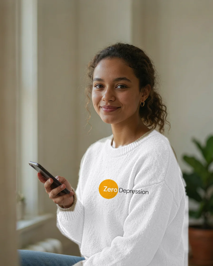 A smiling young woman in a white ZeroDepression t-shirt, sitting by a window and holding a phone